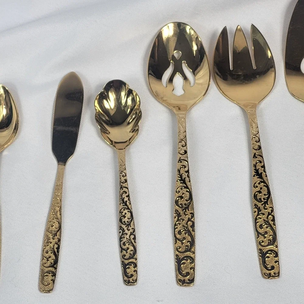 Americana Golden Heritage Pie Server Slotted Spoon Ladle Golden Scroll Design IS